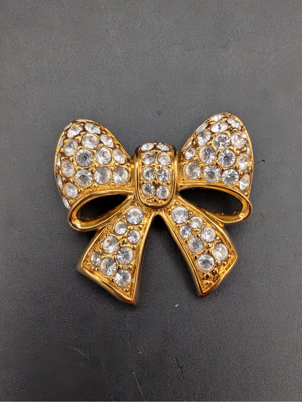 Vintage Signed Swarovski Swan Logo Gold Tone Rhinestone Bow Brooch Pin Statement